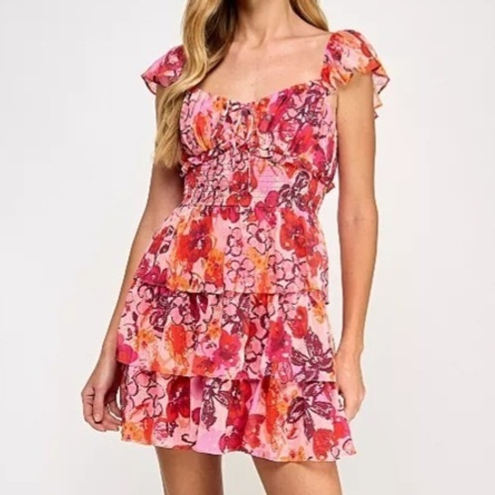 City Studios Floral Glitter Dot Tiered Tie Neck Multi Dress Juniors Size M NWT